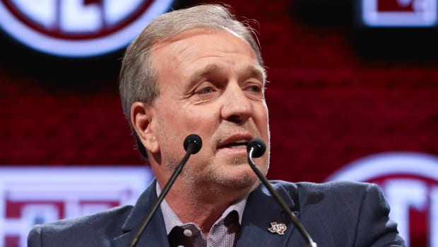 Texas A&M coach Jimbo Fisher at SEC Media Days on Monday morning in Nashville, Tenn.